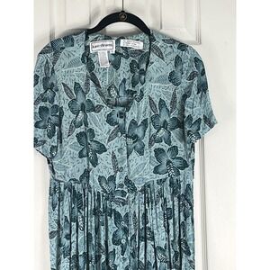 Karin Stevens Vintage Teal Floral Crinkle Rayon Maxi Dress Womens 10 Short Slv